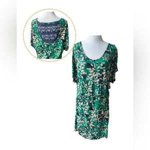 Women’s XL Green Front Tie Floral Green Dress With Blue Crocheted Back By Mudd